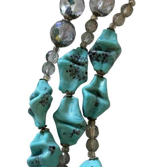 Antique Art Deco Faux Turquoise Glass AB Faceted Triple Strand Necklace RARE - Picture 5 of 11